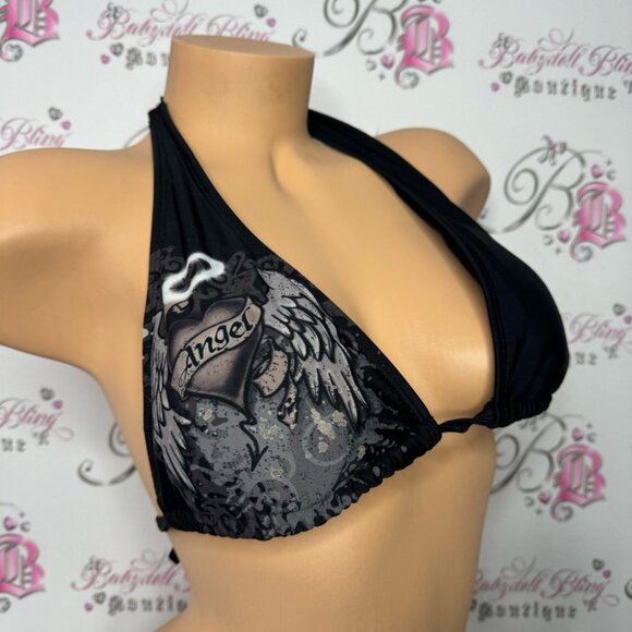 Bikini top tattoo style heart black airbrush art style vintage y2k deadstock - Picture 1 of 6
